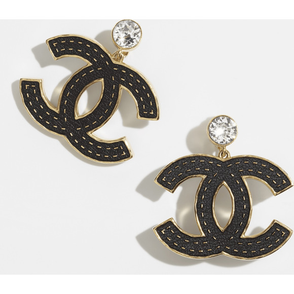 Chanel 23S XL Gold Black Crystal Clip On CC Logo Dangle Drop Statement Earrings - Picture 3 of 12